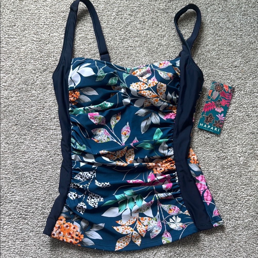 NWOT - Hapari Teal Floral Tankini Top with Navy Side Panels
